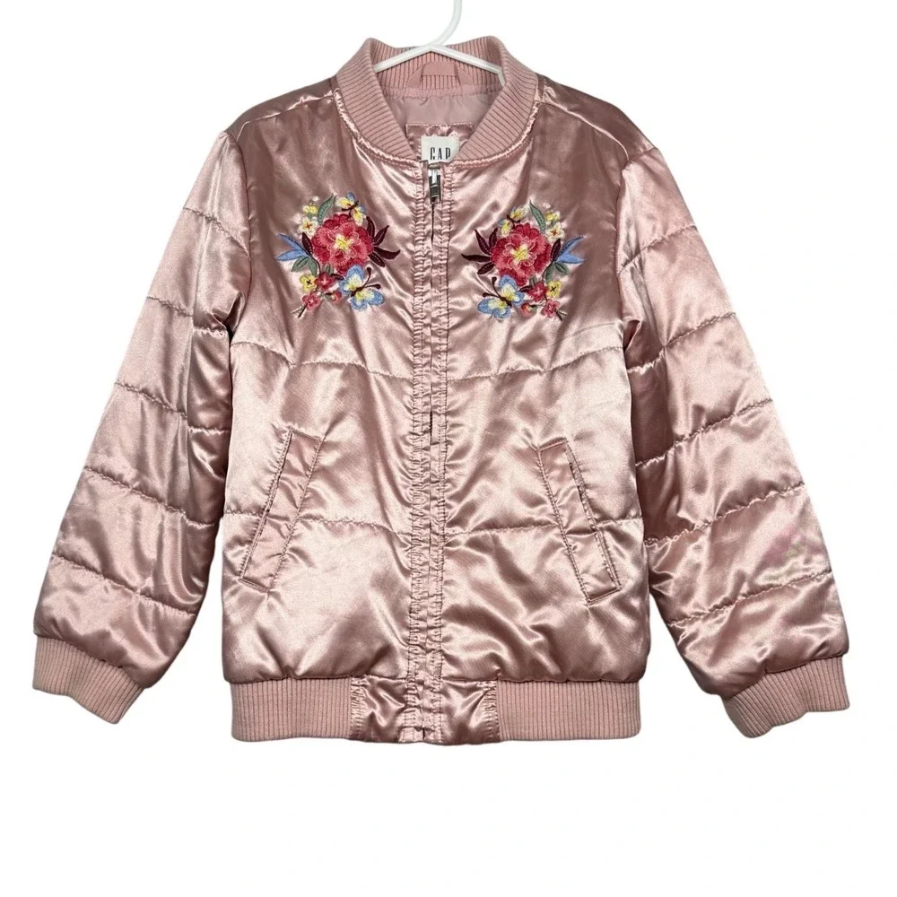 GAP Kids Rose Gold Satin Quilted Bomber Jacket Floral Embroidered Puffer, Small